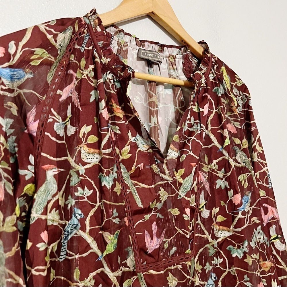 J. Crew Point Sur Menagerie Ruffle Popover Top sz S Floral bird print brown - Picture 4 of 7